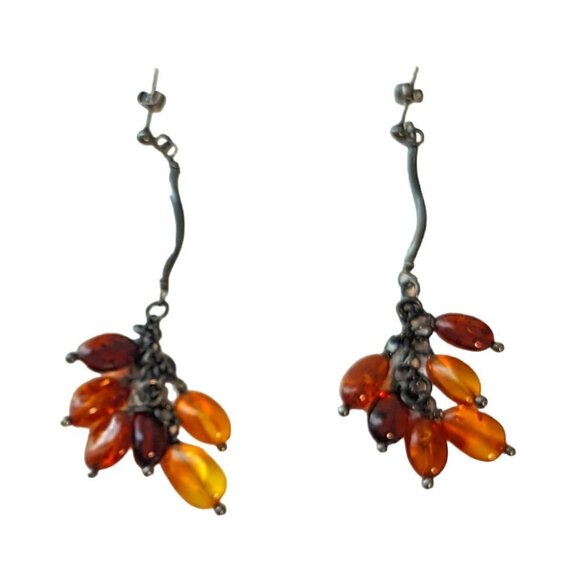 Vintage Amber Jeweled Teardrop Drop Dangle Earrings Art Deco Boho - Picture 2 of 5